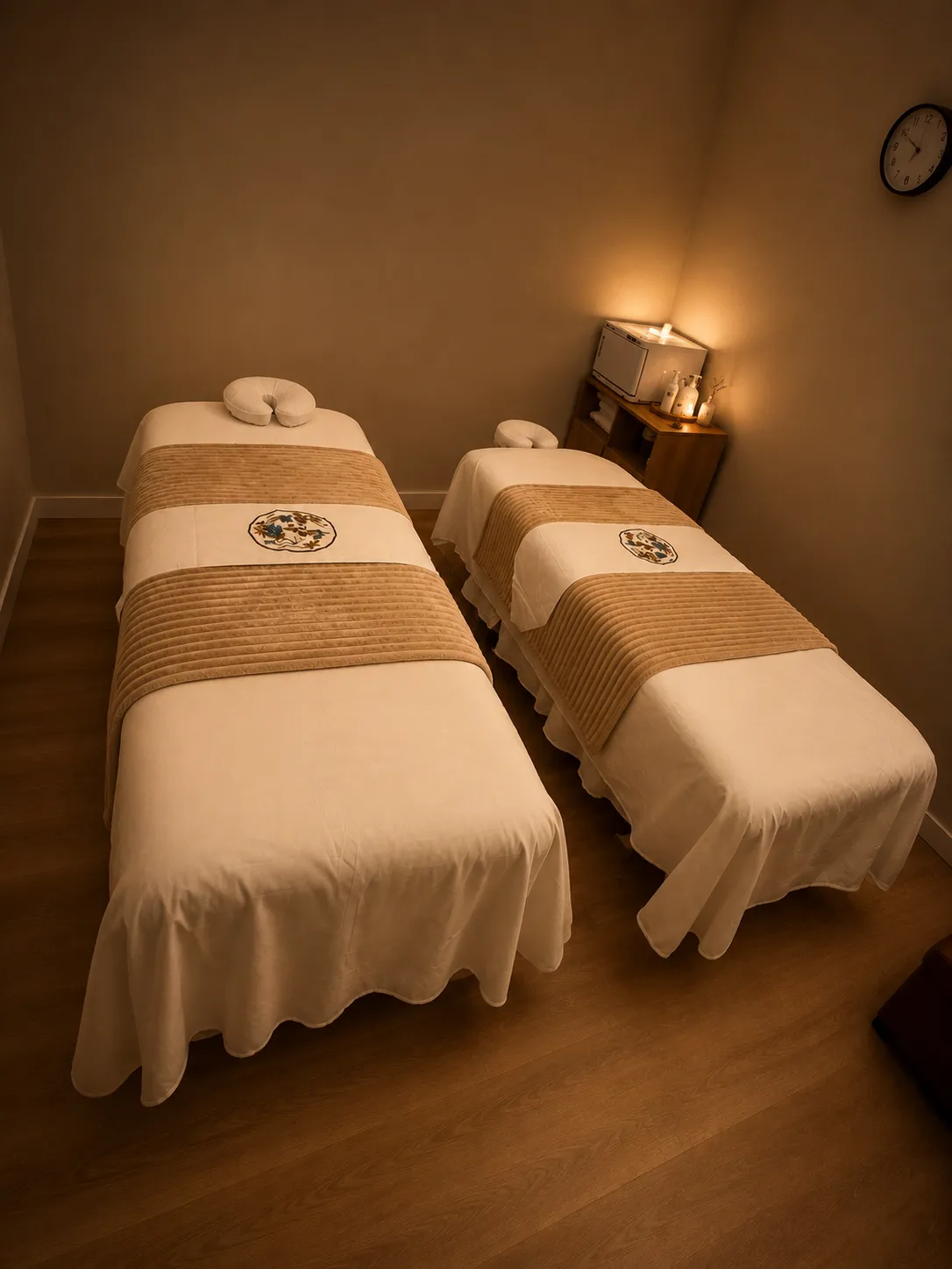 Candle-lit treatment room at night, two tables turned down