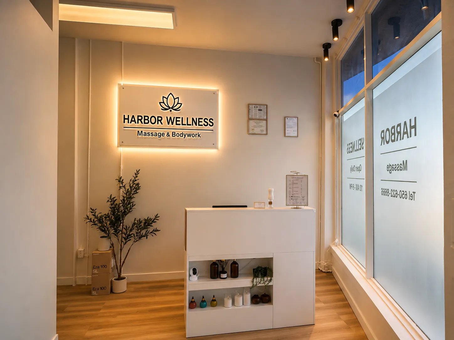 Harbor Wellness reception glowing warm in the evening